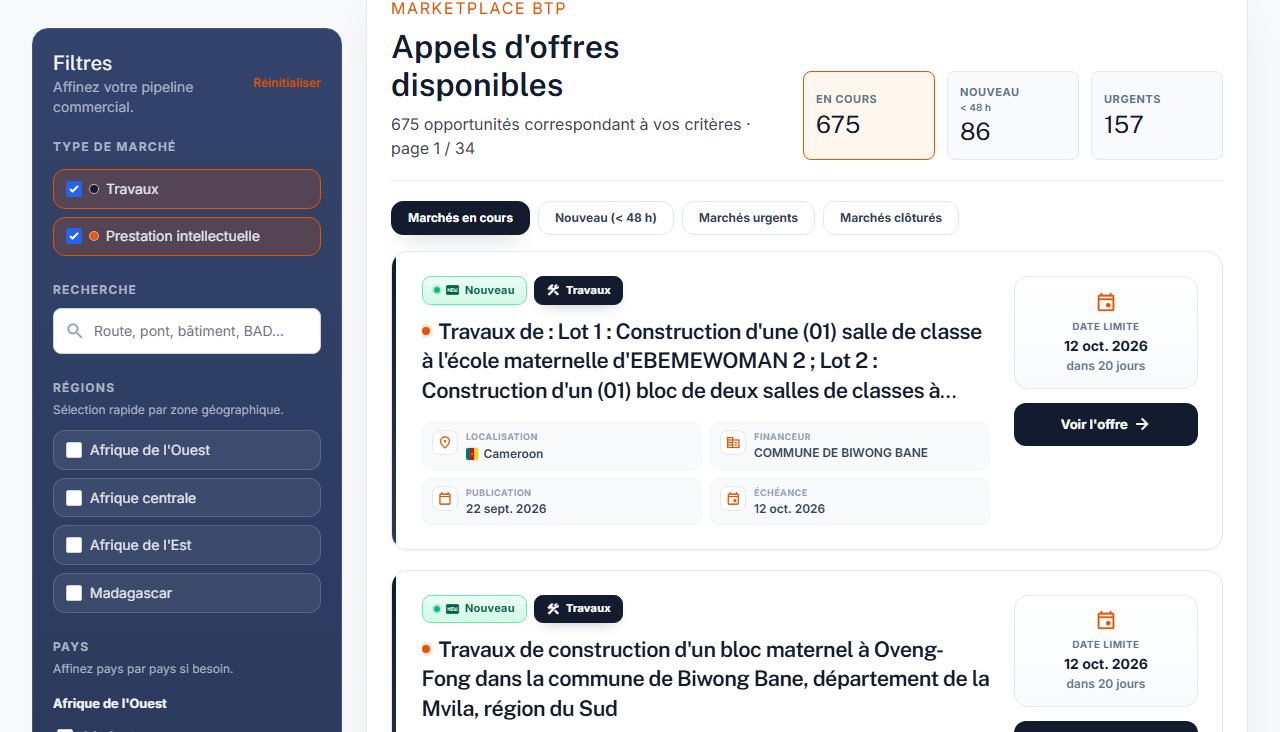 La page des appels d'offres AOFocus : filtres par zone et par pays, compteurs des offres en cours, nouvelles et urgentes, fiches avec date limite